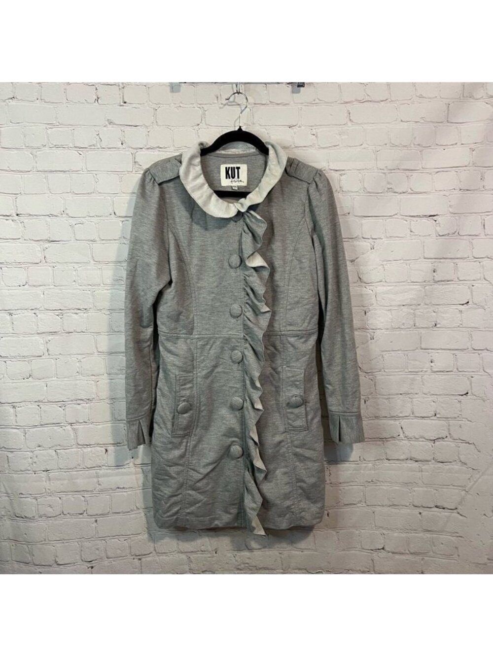 Kut from the Kloth Womens Button Front Long Jacket Size Large Gray Ruffle